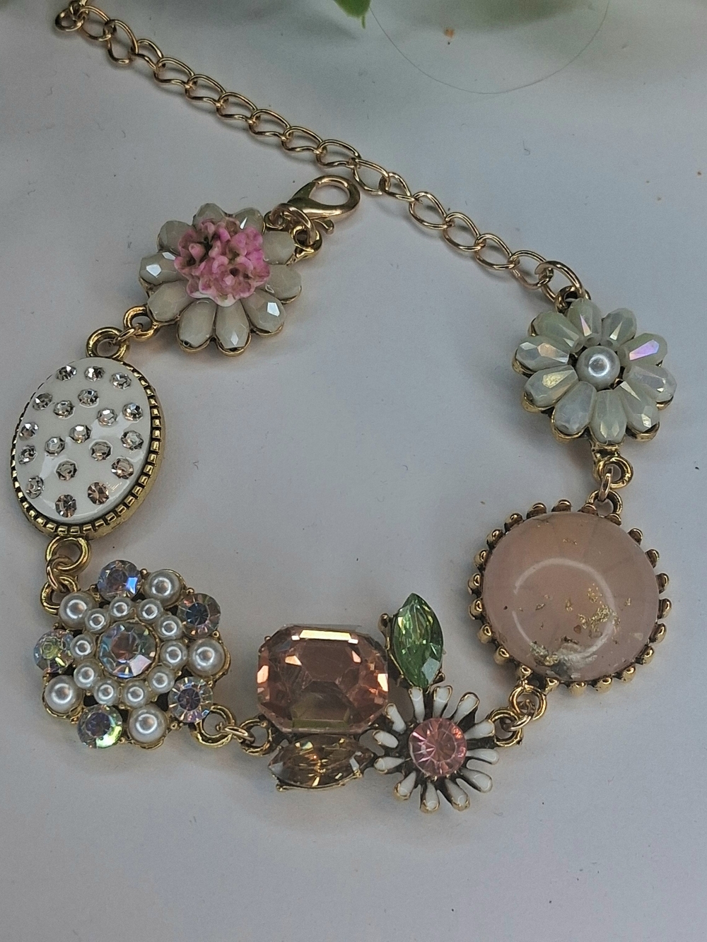 Gold Floral Pink Crystal Charm Bracelet with Pearl Accents